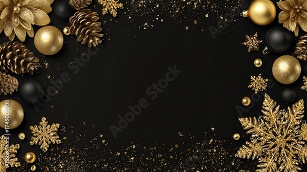 Obraz Luxurious Black and Gold Christmas Tree Background: Exuding Elegant Festive Atmosphere, Perfect for Holiday Cards, Festive Decorations, Social Media Posts, and High-End Christmas-Themed Design Project
