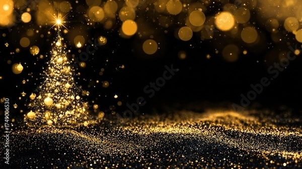 Obraz Luxurious Black and Gold Christmas Tree Background: Exuding Elegant Festive Atmosphere, Perfect for Holiday Cards, Festive Decorations, Social Media Posts, and High-End Christmas-Themed Design Project