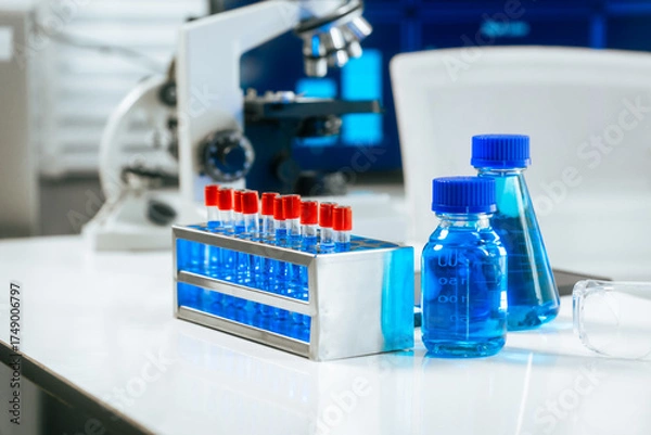 Fototapeta A bright and well-organized laboratory filled with colorful chemical solutions, microscopes, science safety,chemical experiments,safety in a professional biological and chemical research environment