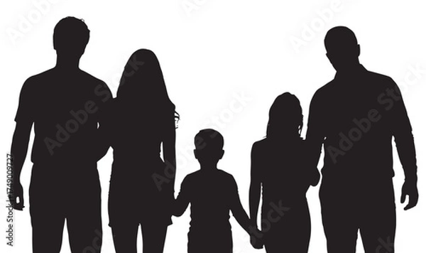 Fototapeta Diverse family silhouette holding hands, symbolizing unity and togetherness against a bright background.