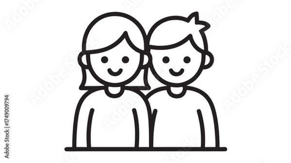 Fototapeta Happy smiling couple, close friends, or siblings standing together in a simple line art illustration.