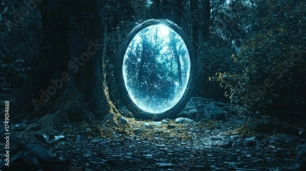 Fototapeta Luminous Oval Portal in a Mysterious Dark Enchanted Forest Path Leading to Another Ethereal Realm