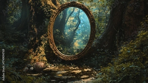 Fototapeta Ancient Ornate Mirror in a Mystical Forest Reflecting a Vibrant, Luminous, and Enchanted Otherworld