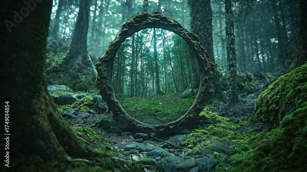 Fototapeta Enchanted Forest Mirror: A Mystical Oval Reflection of a Lush Woodland Scene Amidst Moss-Covered Trees and Earth