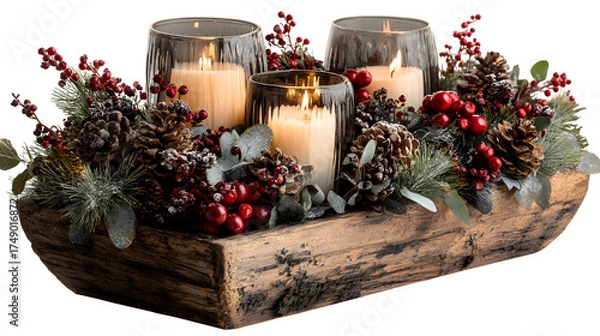 Fototapeta Festive dining room table with rustic wooden centerpiece, decorated with pinecones, red berries, candles, and modern Christmas decorations, isolated on white background