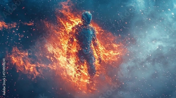 Fototapeta Futuristic Armored Warrior Engulfed in Fiery Flames and Glowing Sparks Amidst Ethereal Blue Smoke