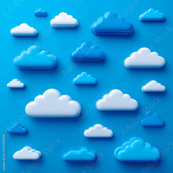 Fototapeta Blue cloud pattern glossy blue and white cloud icon set on blue background playful abstract composition with soft highlights and shadow