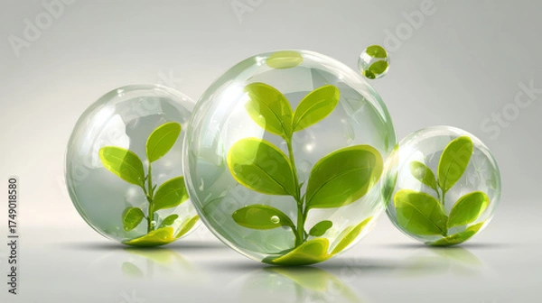 Fototapeta Young green plant in transparent bubble with soft reflection and hopeful lighting, fresh eco growth and protection