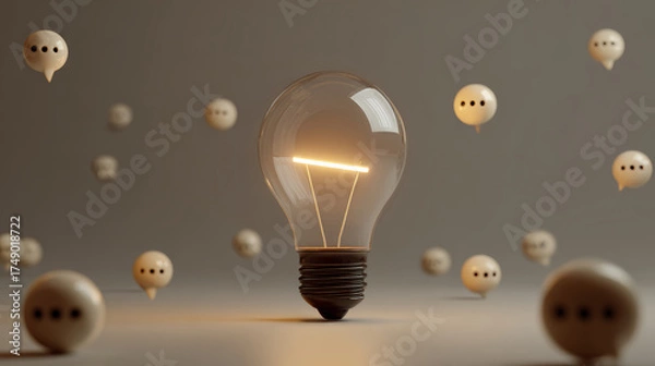 Fototapeta Glowing light bulb with floating speech bubbles symbolizing idea and communication