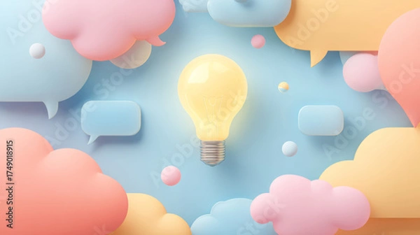 Fototapeta Glow light bulb speech bubble pastel cloud idea concept creativity communication blue background pink cloud
