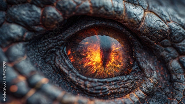 Fototapeta Molten eye reptile eye dragon eye close up textured skin fiery pupil amber glow macro fantasy creature
