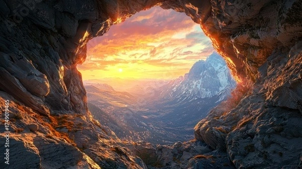 Fototapeta Majestic mountain landscape at golden hour, viewed through a natural rock cave opening with dramatic light and snow-capped peaks
