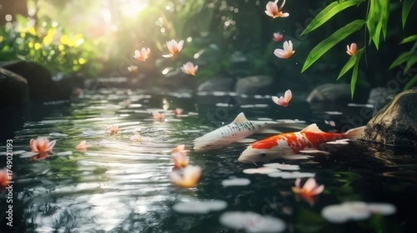 Fototapeta Serene Pond Scene with Colorful Koi Fish and Falling Pink Petals, Illuminated by Golden Sunlight, Surrounded by Lush Green Foliage, Creating a Tranquil Natural Ambiance.