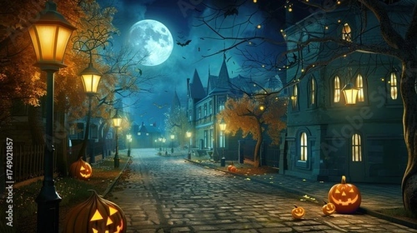 Fototapeta Spooky & Vibrant Street Halloween Scene: A Tapestry of Costumed Revelers, Glowing Jack-O’-Lanterns, and Festive Cheer
This image captures the electric energy of a Halloween street, where costumed crow