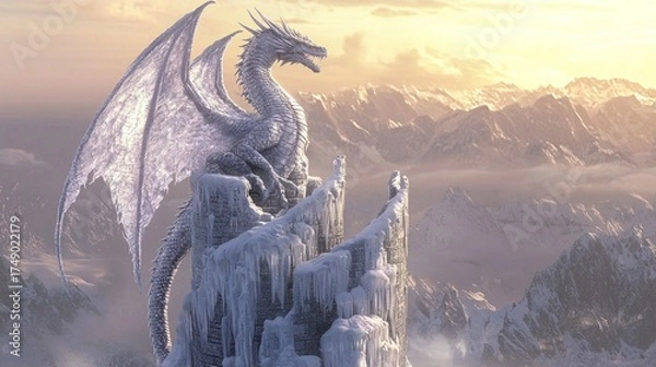 Fototapeta Majestic Ice Dragon Perched on a Frozen Fortress Amidst Snowy Mountains at Golden Sunrise, Epic Fantasy Landscape