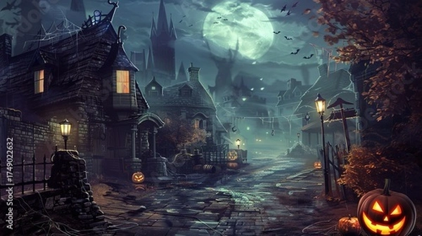 Fototapeta Spooky & Vibrant Street Halloween Scene: A Tapestry of Costumed Revelers, Glowing Jack-O’-Lanterns, and Festive Cheer
This image captures the electric energy of a Halloween street, where costumed crow