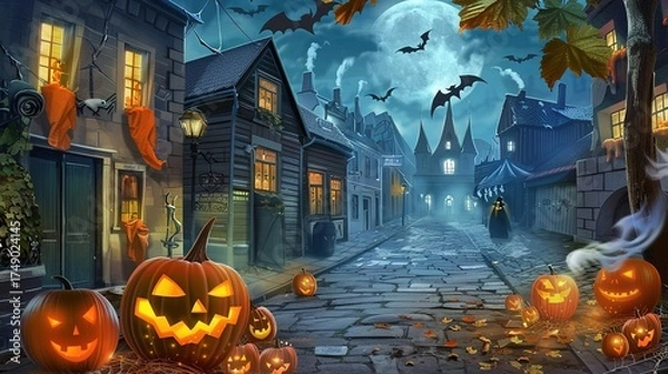 Fototapeta Spooky & Vibrant Street Halloween Scene: A Tapestry of Costumed Revelers, Glowing Jack-O’-Lanterns, and Festive Cheer
This image captures the electric energy of a Halloween street, where costumed crow