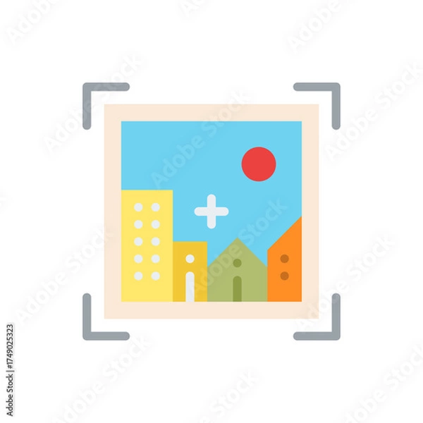Obraz Flat Design Illustration Of A Cityscape With Buildings And A Sun On A Blue Sky