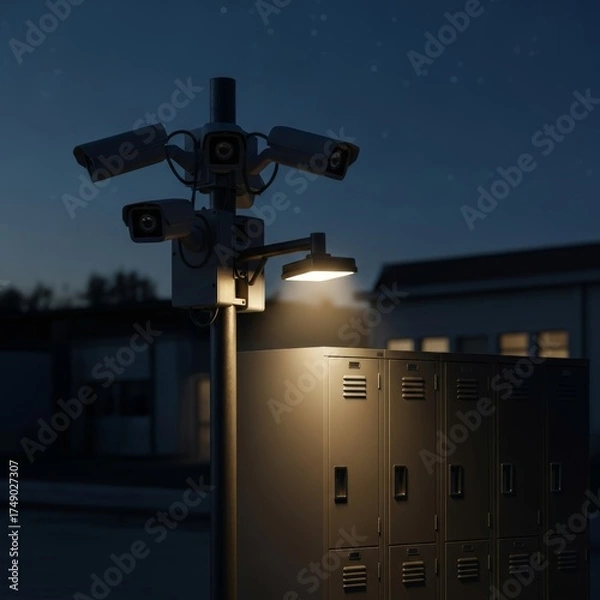 Fototapeta Modern Security Cameras and Streetlight Illuminating Lockers at Night in Urban Setting