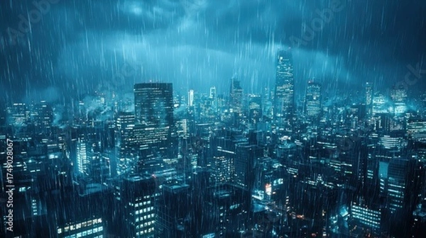 Fototapeta Rainy Night Cityscape: High-angle aerial view of a modern metropolitan city with glowing blue and teal lights under heavy rainfall and dramatic clouds.