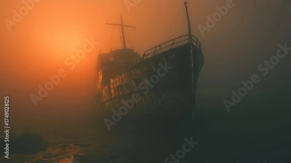 Fototapeta Abandoned Shipwreck in Golden Hour Fog: Mysterious Derelict Vessel at Sunrise or Sunset, Creating an Eerie and Atmospheric Seascape