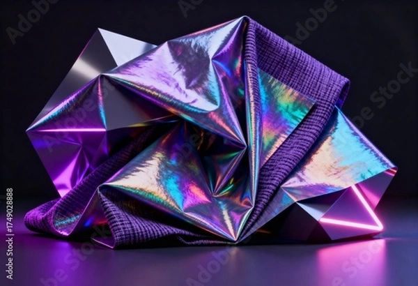 Fototapeta Holographic Geometry & Textile Fusion Neon Lit Abstract Composition
