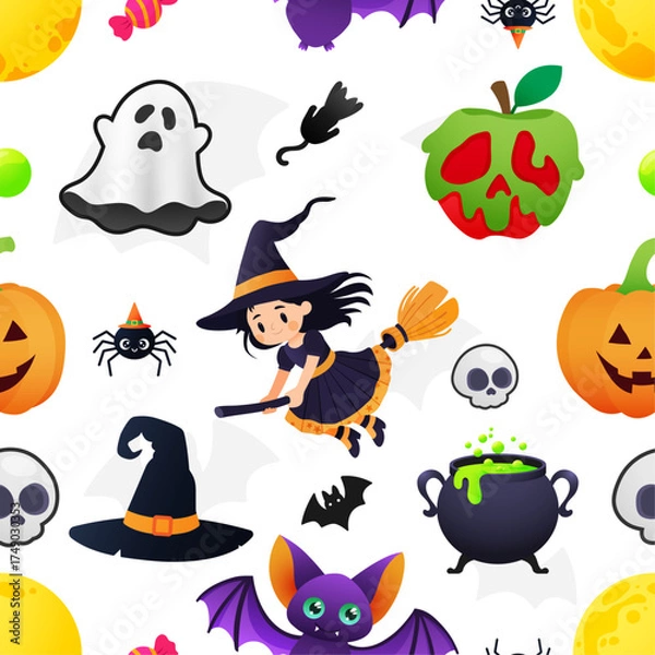 Obraz Seamless pattern featuring various cute Halloween elements on a white background.