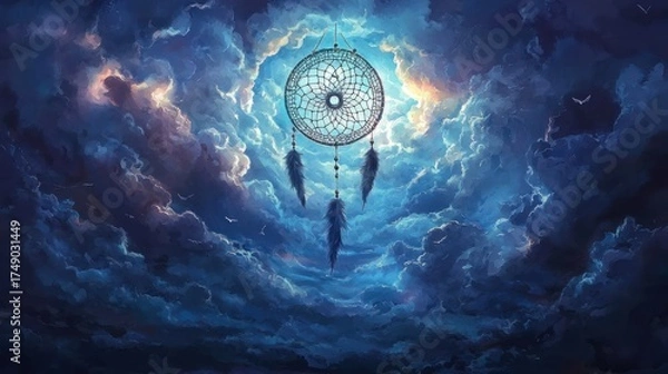Fototapeta Celestial Dreamcatcher in an Ethereal Twilight Sky with Glowing Clouds and Flying Birds