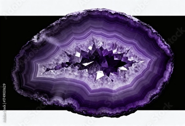 Fototapeta Crystal Geode with Sharp Edges Purple agate geode slice with a jagged, crystalline center on black.