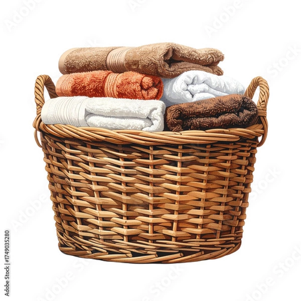 Fototapeta Wicker basket with towels, laundry essentials on transparent background