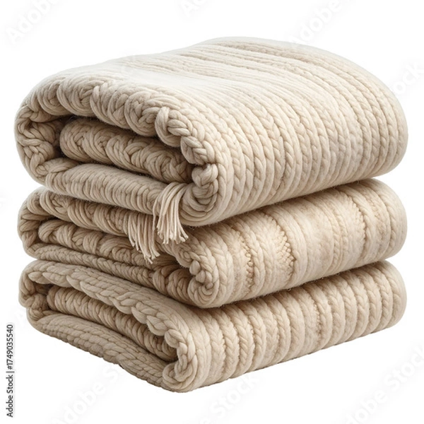 Fototapeta Stack of Cream Knitted Blankets on Transparent Background for Cozy Interior Designs