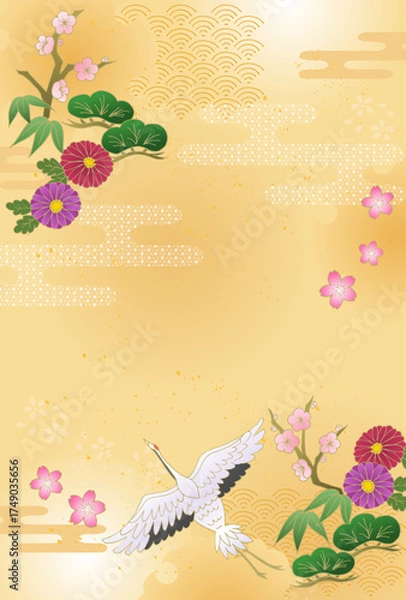 Obraz お正月 和風 和柄背景 松竹梅 鶴 牡丹 菊 年賀状 金 New Year Japanese pattern background Pine, bamboo, plum, crane, peony, chrysanthemum, New Year's card, gold