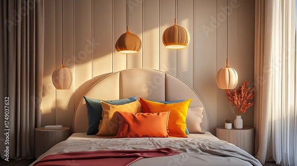 Fototapeta Retro-modern bedroom render with circular padded headboard, warm pendant lights, and colorful accent pillows,