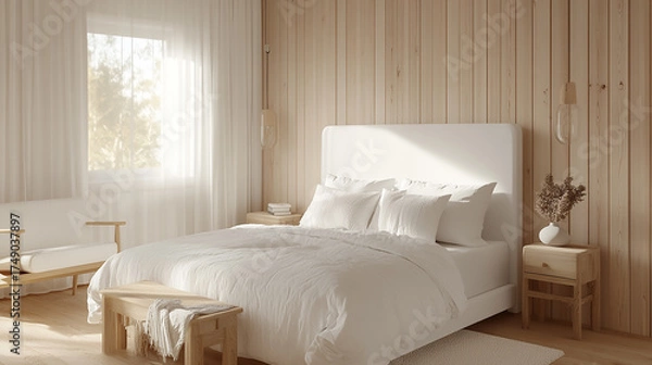 Fototapeta Scandinavian bedroom render with white headboard, pale wood tones, minimal furniture, and diffused natural window light,