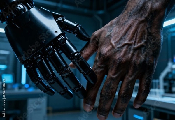 Fototapeta Human and Robot Hands Touching in Laboratory