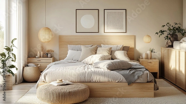 Fototapeta Simple modern bedroom with light wood headboard, large cushions, and calming minimalist layout,