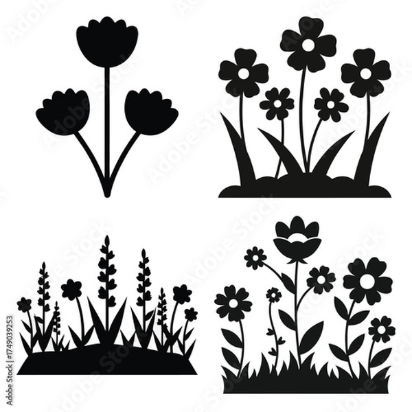Obraz flower meadow minimal icon set, black color and white background