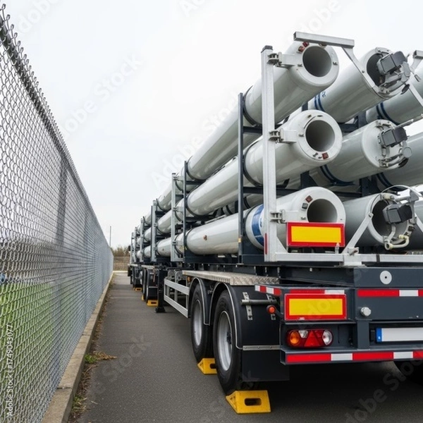 Obraz Industrial Transportation of Large Cylindrical Components Secured on a Truck Trailer Next to a Chain Link Fence