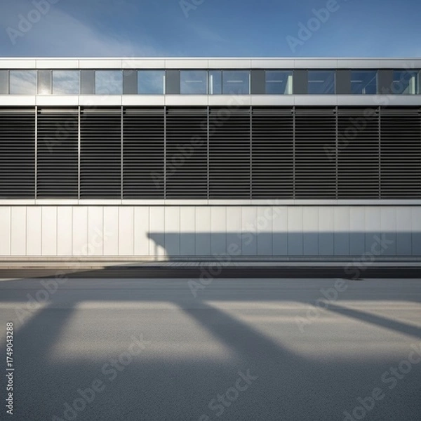 Fototapeta Contemporary Industrial Building Facade with Geometric Shadows on Asphalt Pavement Under a Clear Blue Sky