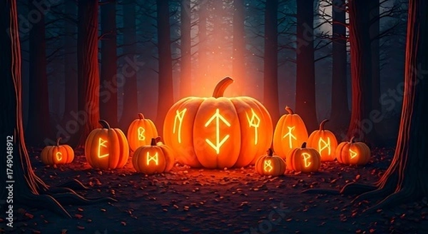 Fototapeta Spooky glowing rune pumpkins for a magical Halloween night in a dark forest, perfect for fantasy themed events and spooky celebrations