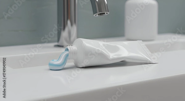Fototapeta Empty tube of toothpaste with blue toothpaste dripping onto a white bathroom sink countertop near a faucet. A hygienic, clean bathroom scene.