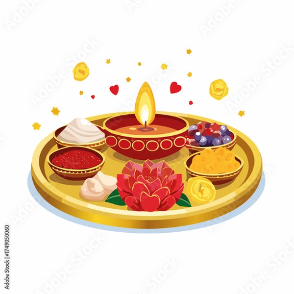 Fototapeta A decorative golden puja thali with a lit diya lamp, flowers, sweets, and colored powders for a Hindu festival.