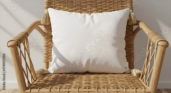 Fototapeta Cream colored pillow rests on a light brown wicker armchair with natural light streaming in. Empty pillow on a modern rattan chair against a plain wall.