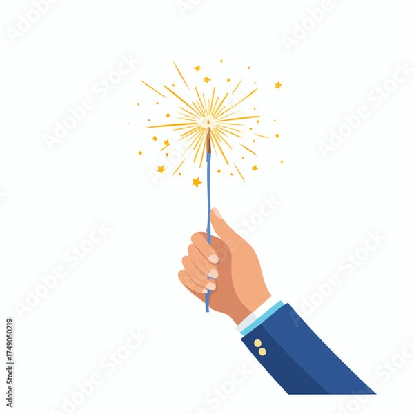 Fototapeta Hand holding a sparkler with golden sparks on a white background.
