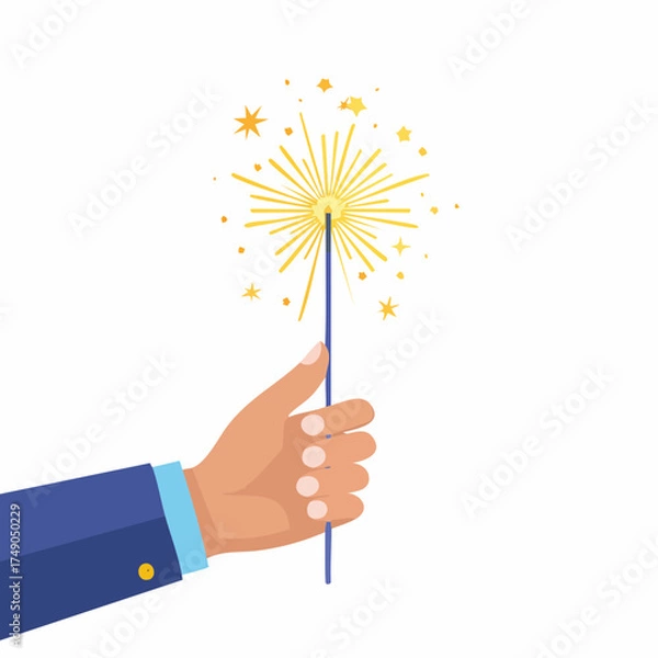 Fototapeta A cartoon hand in a blue business suit sleeve holds a lit golden sparkler against a white background.