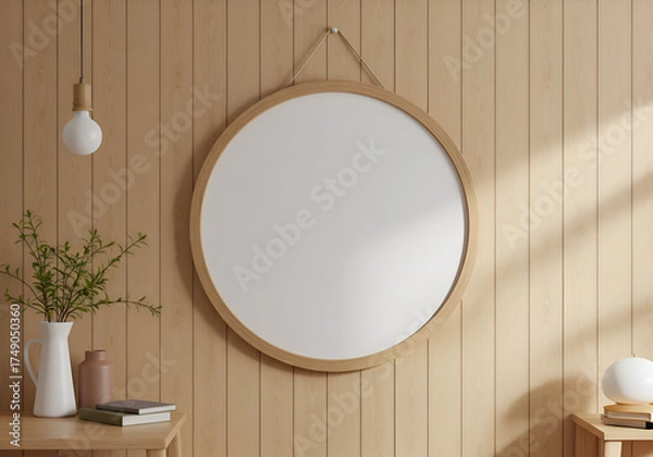 Fototapeta Empty round wooden frame on light beige wooden wall with potted plant and books on a side table. Minimalist aesthetic with natural light and shadows.