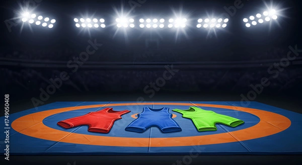 Fototapeta Wrestling attire of various colors on a wrestling mat in a stadium setting. Three wrestling singlets in red, blue, and green are displayed on a wrestling mat with a brightly lit stadium background.