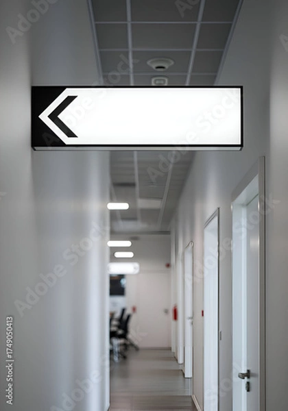Fototapeta Empty white directional sign with black border in modern office corridor. Modern sign post in professional office hallway with muted lighting.