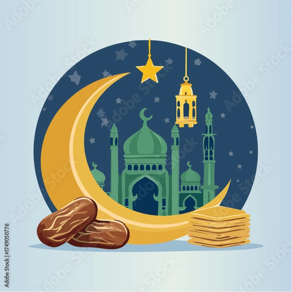 Fototapeta Islamic illustration for Ramadan featuring a crescent moon, mosque, hanging lantern, and dates.