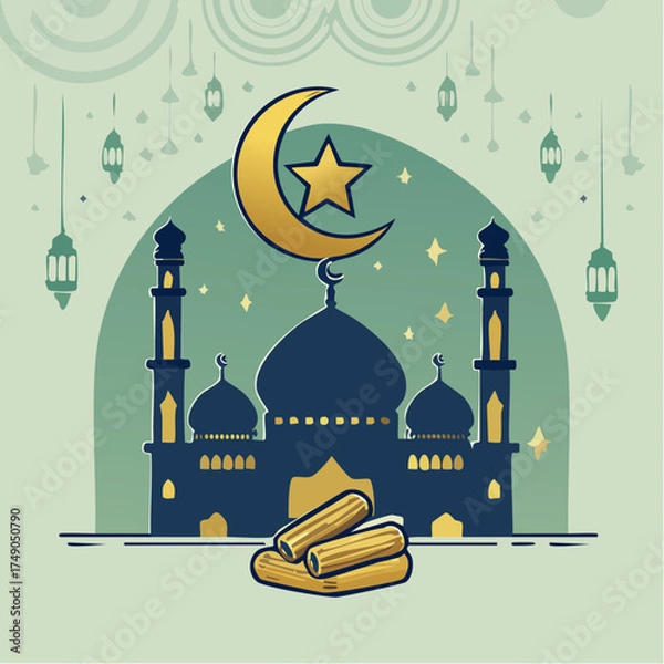 Fototapeta A beautiful illustration of a mosque with a crescent moon and star, symbolizing Islamic culture and religious celebration.